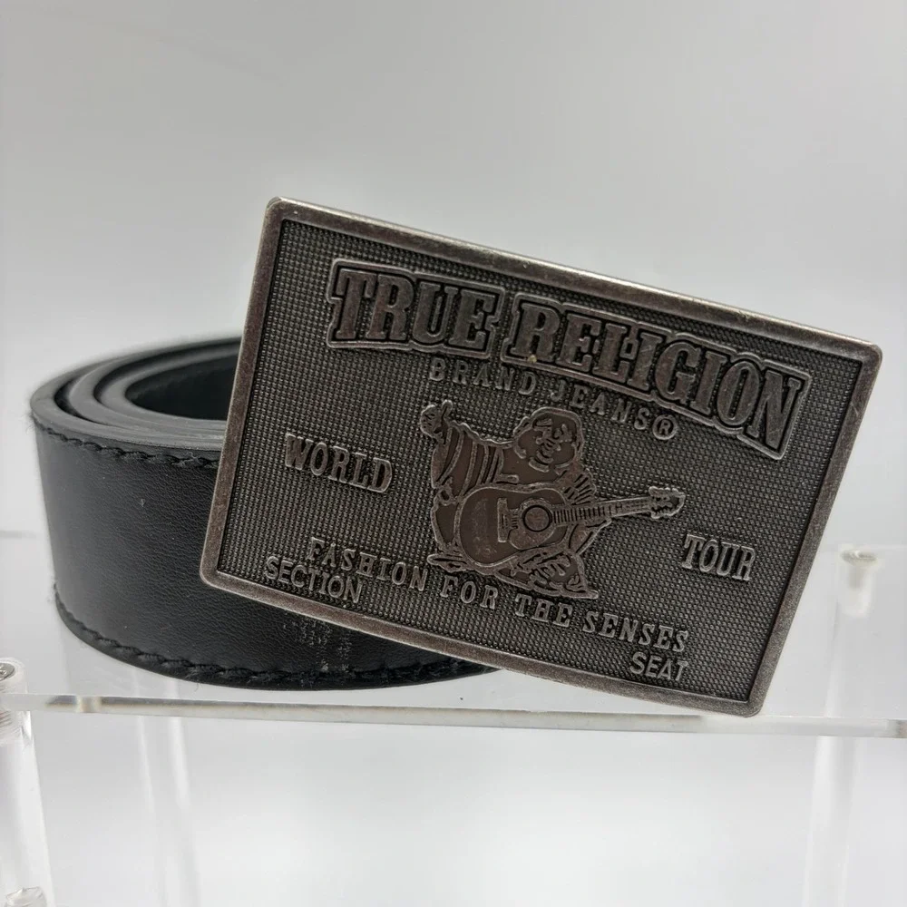 True Religion World Tour Big T Stitching Black Belt Sz 36 100% Leather‎ - Read